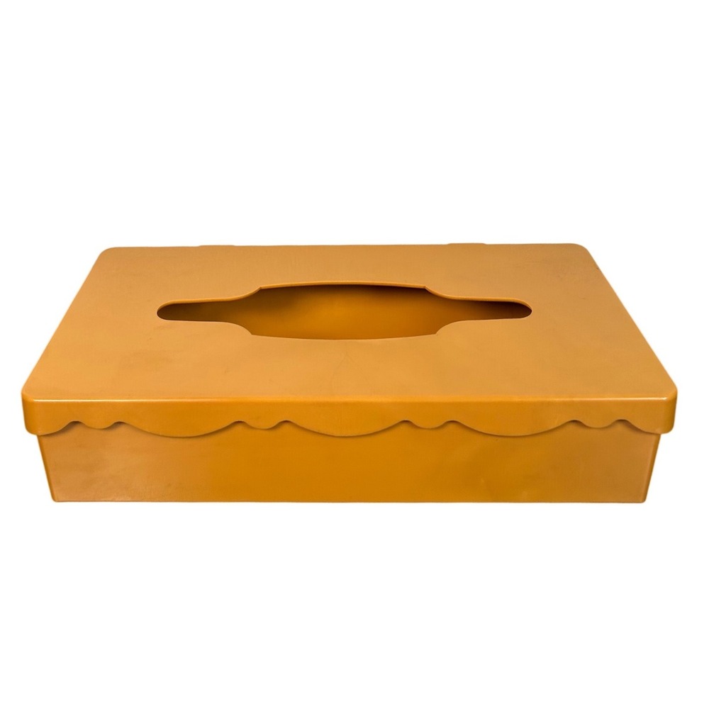 Vintage HYGIENE Tissue Box Cover Holder Orange Scalloped Lid Hinged Wall MCM